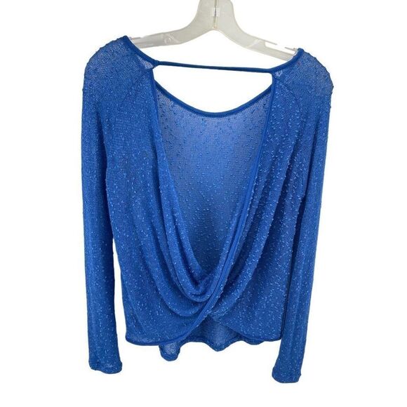 Paper Crane Womens Long Sleeeve Blouse Top Sheer Open Back Stretch Blue Small - Picture 8 of 9